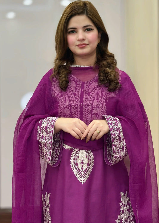 Sapphire Purple embroidered 3-piece suit by Tehzeeb Libas (view 2)