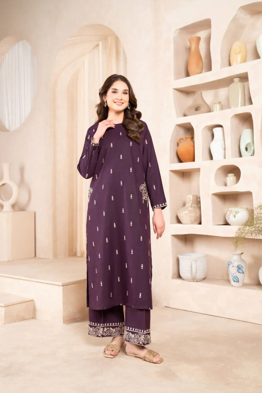 NAAZ LONG LENGHT (PURPLE)  EMBROIDERY DOUBLE POCKET