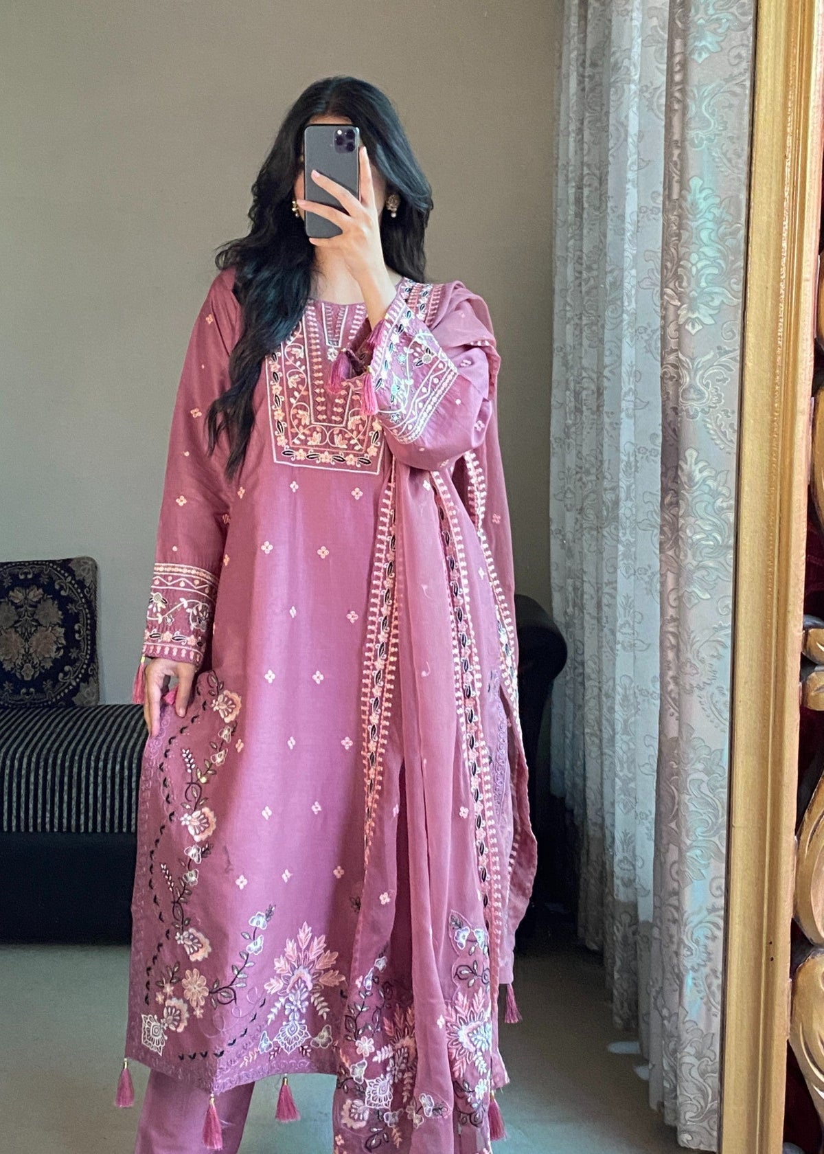 Dusty Rose Elegance embroidered 3-piece festive suit by Tehzeeb Libas