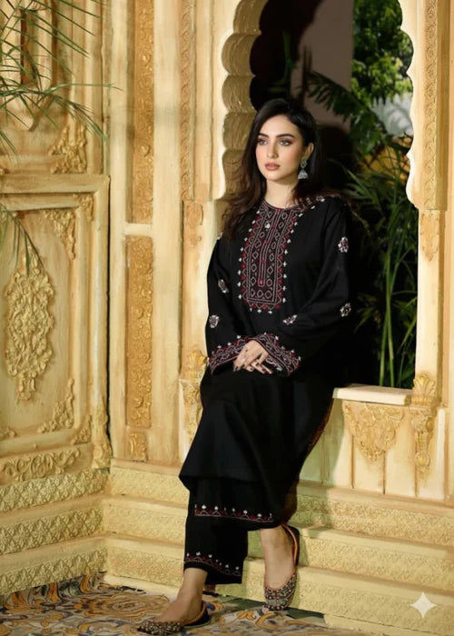 Midnight Maroon Embroidered Linen 2PC Suit