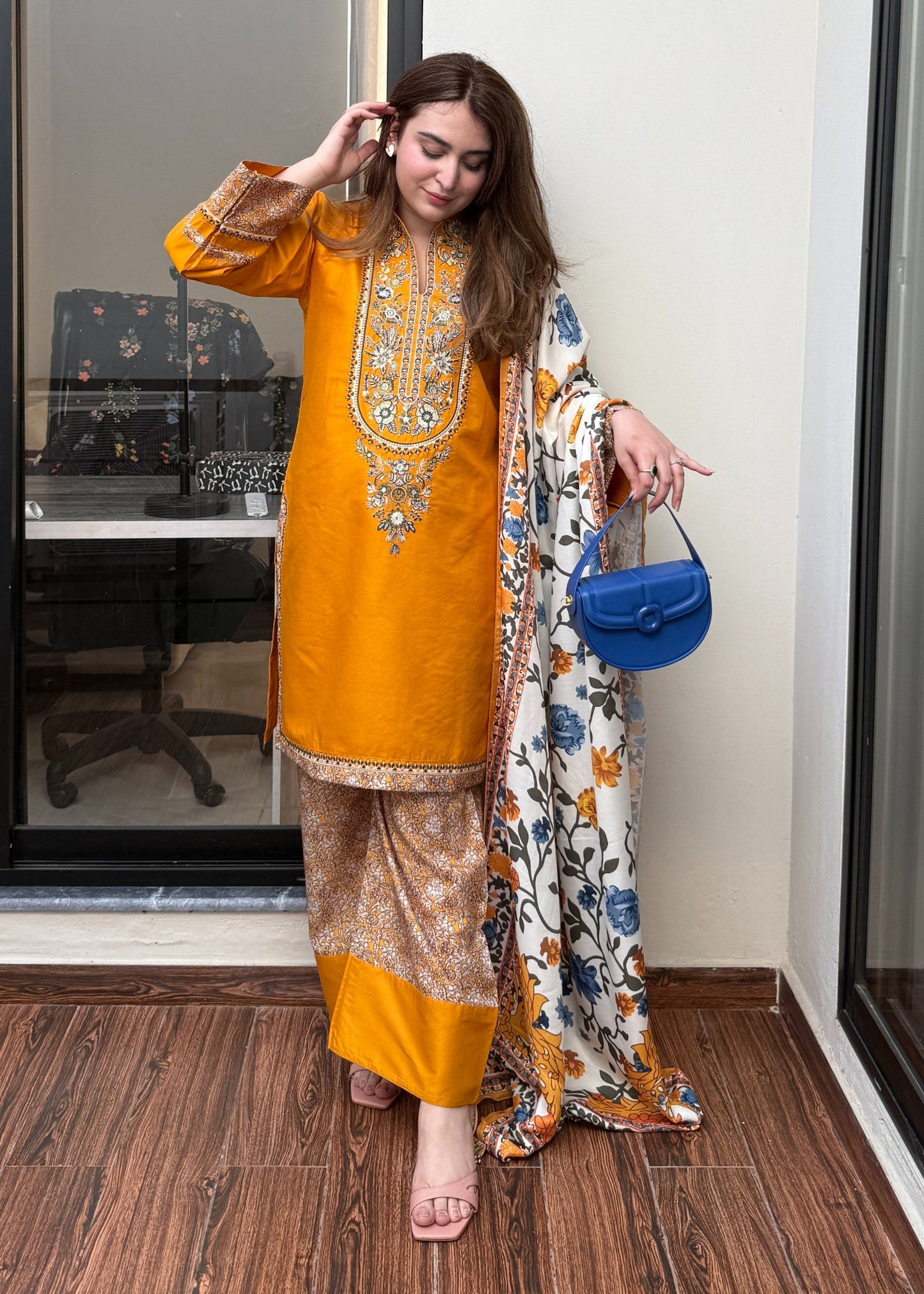Zoi embroidered 3-piece suit with shawl by Tehzeeb Libas (view 5)