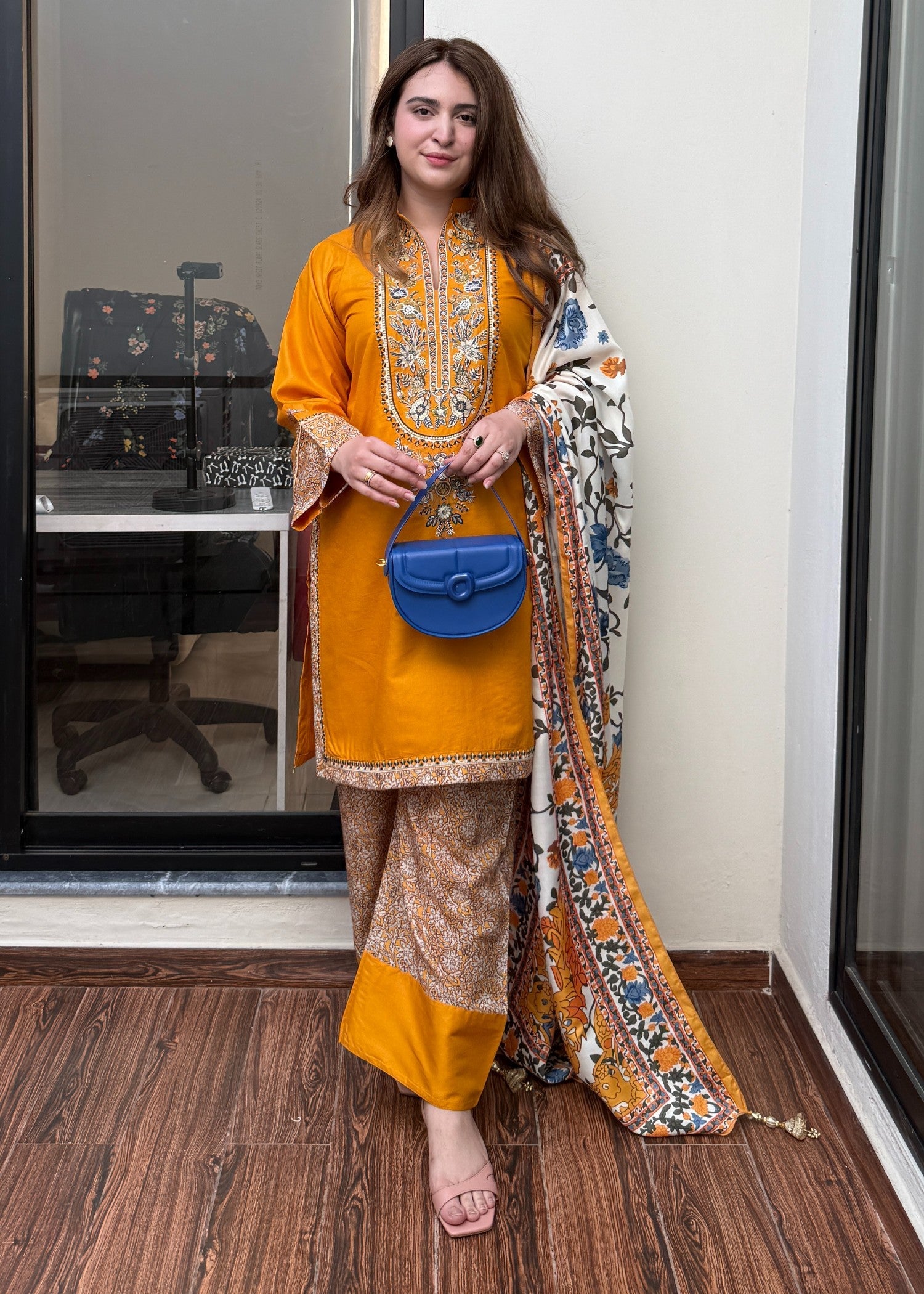Zoi embroidered 3-piece suit with shawl by Tehzeeb Libas (view 2)